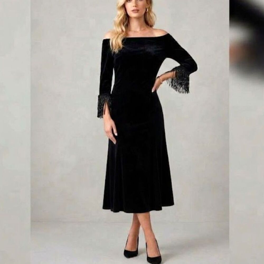Vintage JBS Black Off Shoulder Midi Dress Med Fringe Cuff Whimsigoth Minimalist